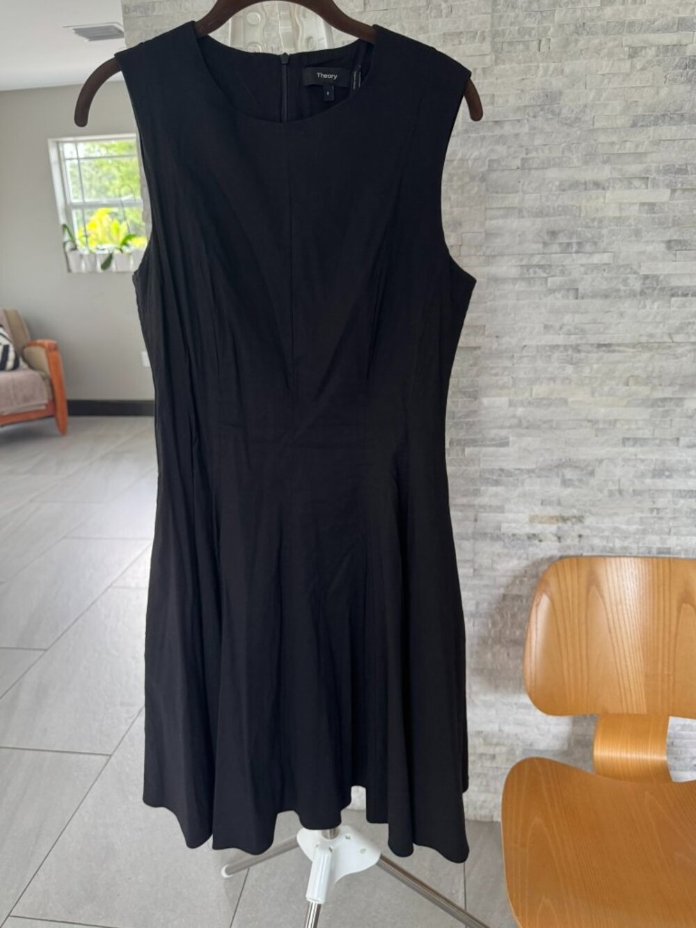 Theory Black Fit & Flare Linen Blend Sleeveless Dress S8 LBD with Pockets